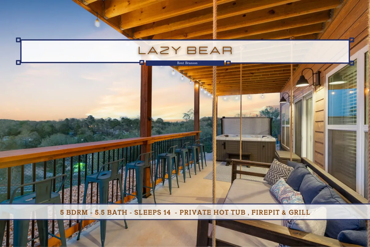 An exterior view of the lower deck boasting a private hot tub, outdoor seating area, firepit, grill, and a scenic mountain backdrop. The setting is perfect for barbecues, stargazing, and unwinding in the hot tub.